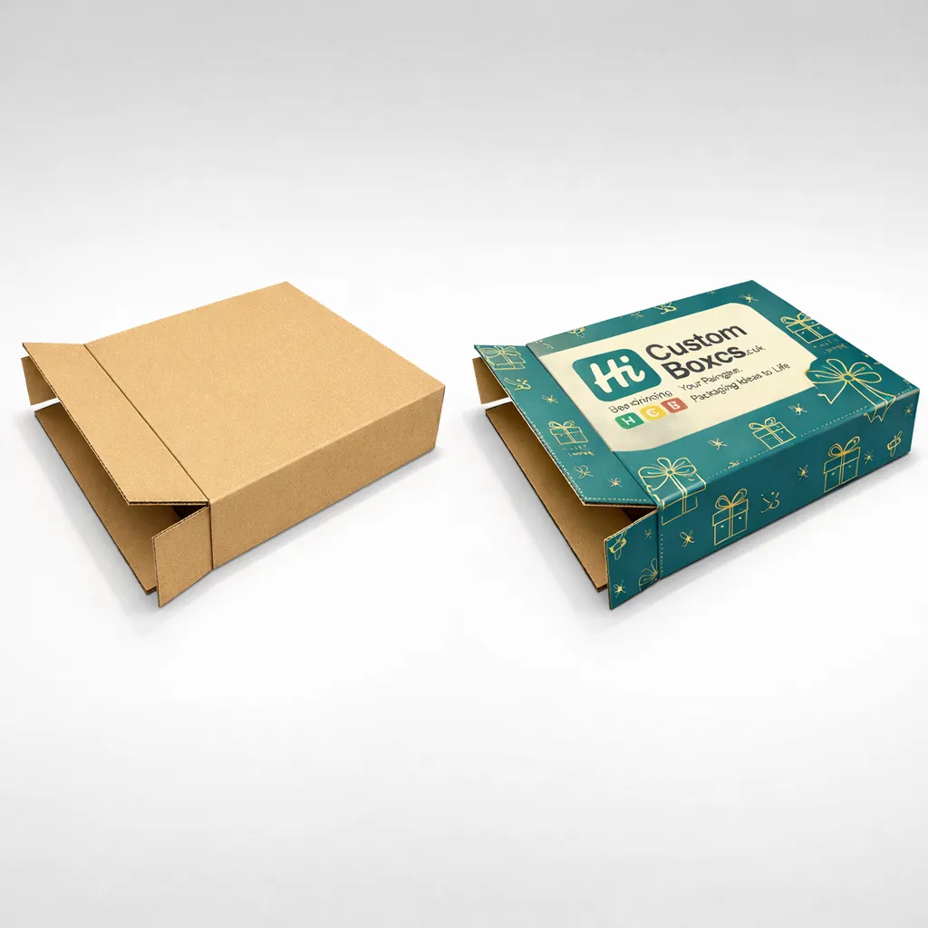 Two slim, flat-style cardboard mailers, one plain brown and one teal with gold gift illustrations. class=